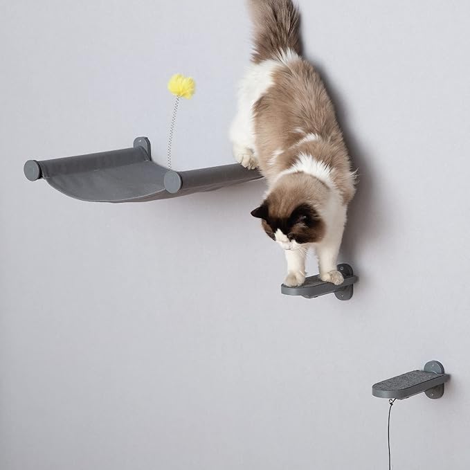 SVD.PET Wall Mounted Cat Hammock with Cat Toy, Easy-to-insall Cat Wall Shelf with Soft Pad on This Premium Kitty Furniture, Modern Design. Easily Supports up to 40 lbs (Easy-Install, Dark Grey)