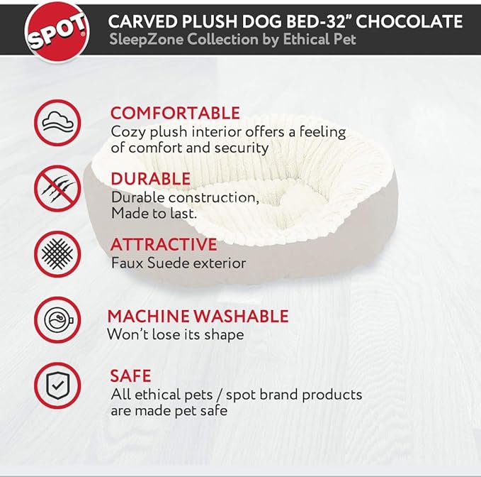 Sleep Zone Faux Suede Carved Plush Lounger, Cuddler, Napper Dog Bed - Fabric Bottom - 32X25 Inches / Chocolate / Attractive, Durable, Comfortable, Washable. By Ethical Pets