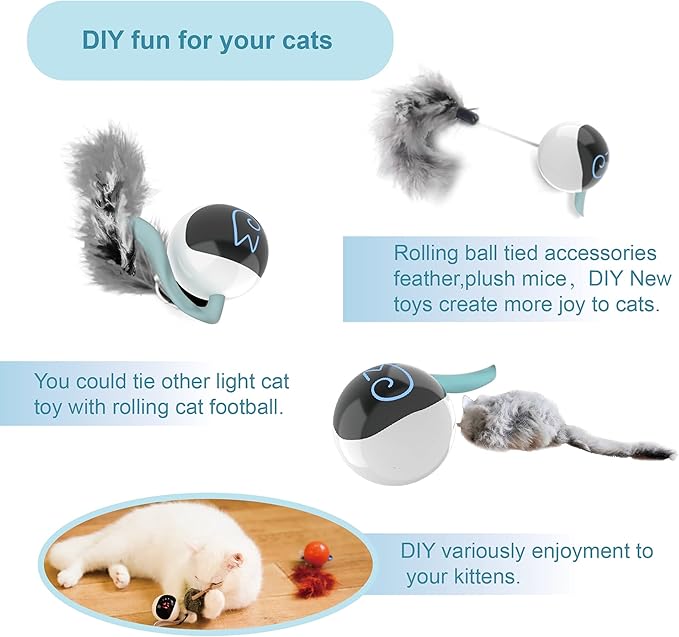 Migipaws Interactive Cat Ball Toy Set, Fun Tracker, Automatic Rolling Chase Ball with Fluffy Tail, A Small Mice, Rechargeable（White）