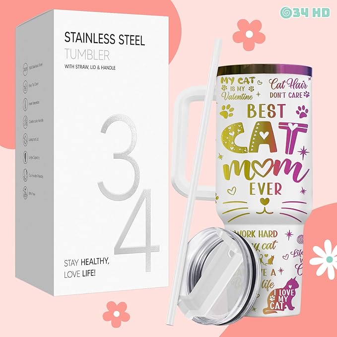 34HD Funny Engraved Cat Mom Tumbler with Handle and Straw 40oz, Paw Mom Cup Insulation, Birthday Mothers Day Gifts for Cat Lovers Women Auntie Friends