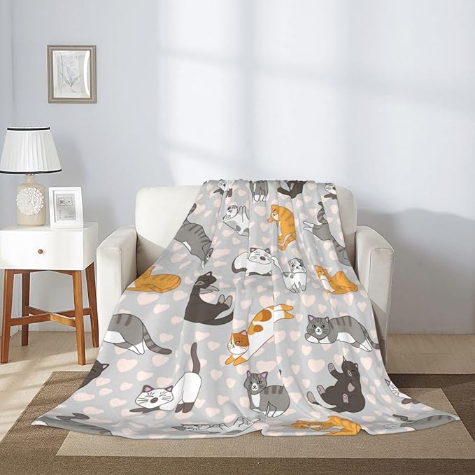 Cute Cat Kawaii Kitten Blanket, Soft Blankets Flannel Bed Throw Cozy Lightweight Plush Gifts for Kids Boys Girls Women Men Sofa Couch Bedroom Living Rooms Warm All Season, Home Decor, 80"x60"