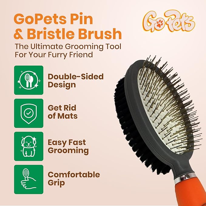 GoPets Double-Sided Pin & Bristle Brush, Dog Brush for Shedding, Undercoat Rake for Short & Long Hair, Cat Grooming Brush, Removes Mats, Dirt & Loose Fur, Promotes Healthy Coat, Ergonomic Handle