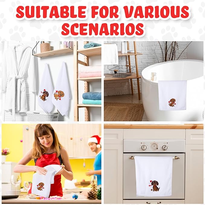 2 Pack Dog Hand Towels for Dog Lovers Gift Dachshund Kitchen Towels Bathroom 14 x 29 in 100% Cotton Embroidered White Christmas Bath Set with Hearts Funny Holiday Dish Tea Decor