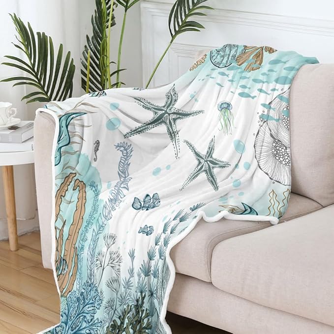 Starfish Blanket Funny Seashell Coral Beach Themed Throw Blankets, Farmhouse Sea Ocean Lightweight Soft Fleece Cozy Fleece Throw Blanket All Season Cozy Soft Lightweight Couch Sofa Bed Bedding
