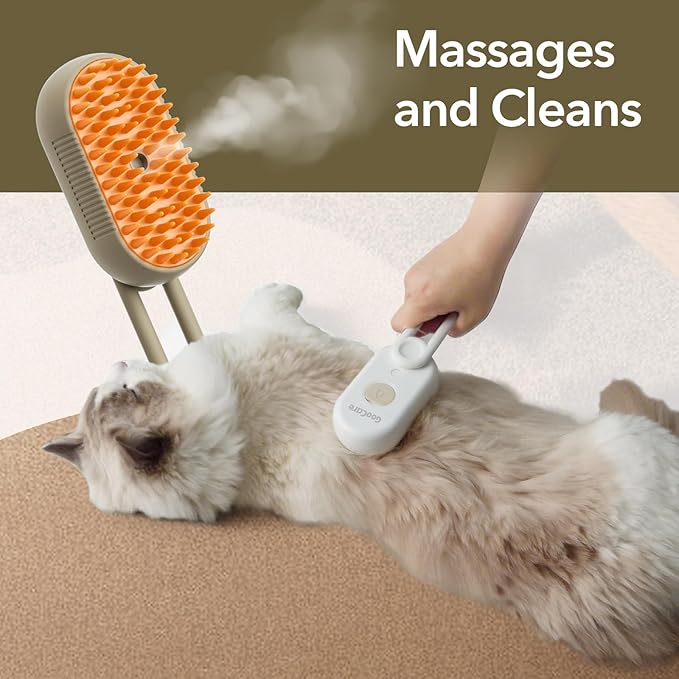 Improved 3-in-1 Steam Grooming Brush for Dogs & Cats: Hair Remover, Cleaning Brush and Massaging, Water Brush for Shedding, Sutiable for indoor Haired Cats, Dogs and Rabbits. (Khaqi)