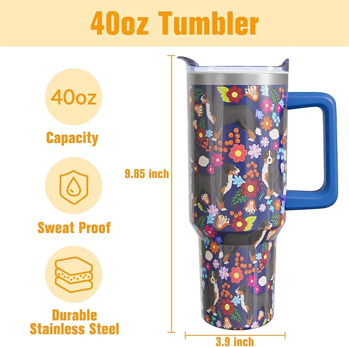 Bernese Mountain Dog Gifts for Women Lovers 40 oz Floral Bernese Mountain Tumblers with Handle and Straw, Stainless Steel Vacuum Insulated Travel Coffee Mug Cup Water Bottle