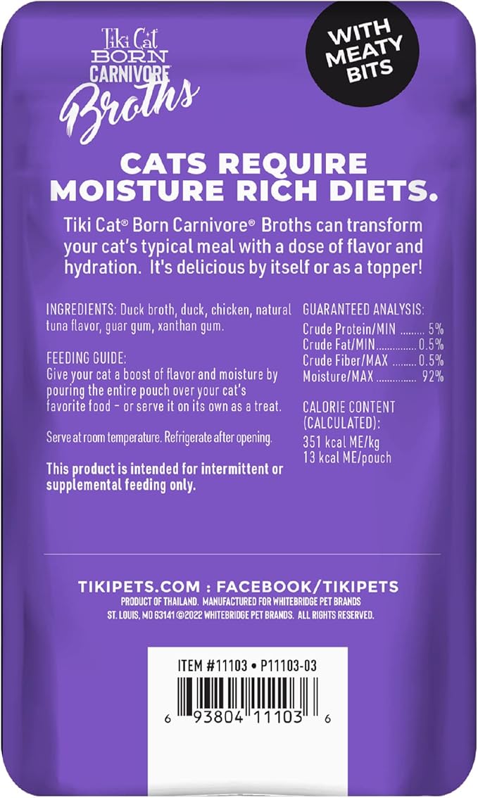 Tiki Cat Born Carnivore Broths, Duck & Chicken Recipe, Hydration and Flavor Supplement Cat Food Topper, 1.3 oz. Pouch (Pack of 12)