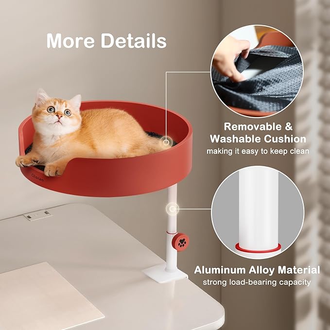 Cat Bed Desk Nest with Teaser,Easy Installation Shelf,Sturdy Frame,Removable Cushioned Cushion, Space Saving Design,Ideal for Side Table,Home Office,Fits Cats