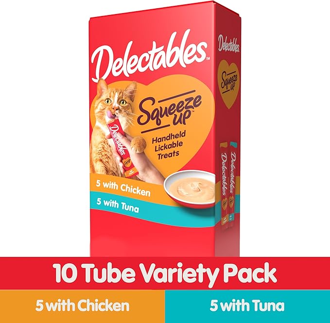 Hartz Delectables Squeeze Up Interactive Lickable Wet Cat Treats for Adult & Senior Cats, Chicken & Tuna, 10 Count,5 oz