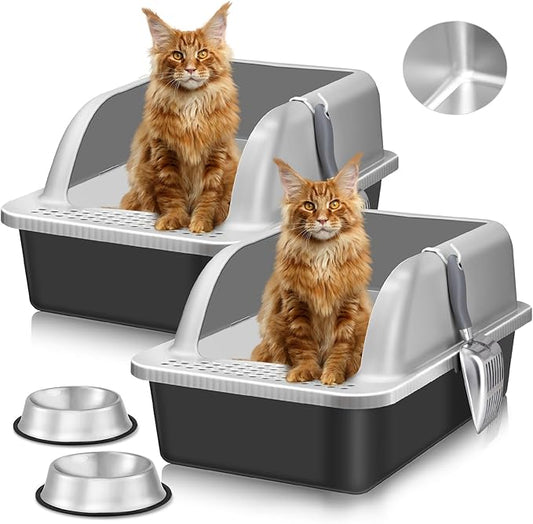 2 Pack Extra Large Stainless Steel Cat Litter Box with Lid, High Sided Metal Litter Box for Big Cats, Hooded Large Jumbo Litter Pan Tray with High Wall Enclosure with Scoop (Black Coated)