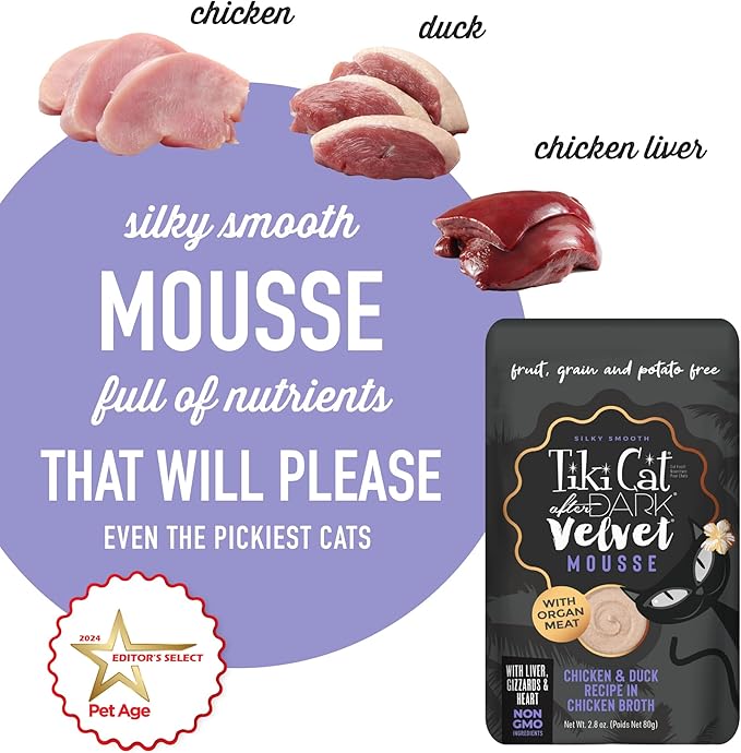 Tiki Cat After Dark, Velvet Mousse, Chicken & Duck Recipe in Chicken Broth, Grain & Potato Free Formula, with High Protein & Nutrient Dense Blended Irresistible Organ Meat, 2.8 oz. Pouch (Pack of 12)