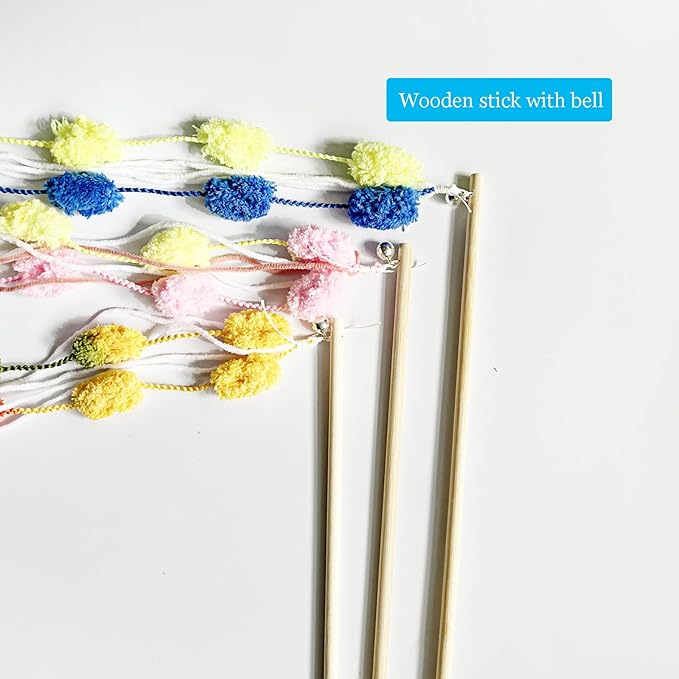 IUHKBH Cat Wands, 3 PCS Interactive Cat Teasing Stick with Vibrant Colours and Bell Plush Srtip Cat Toys Wooden Pole Cat Teaser Wand for All Breed Sizes