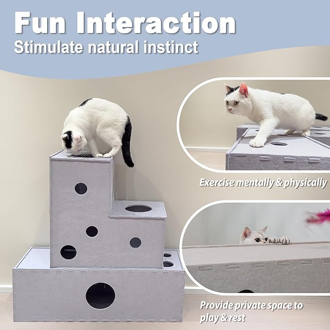 Meeyoview Cat Tunnel, Felt Cat Tunnels for Indoor Cats, Peekaboo Cat Hideaway Cave, L-Shape Cat Tunnel Bed, Interactive Cat Cube Toys for Small Medium Large Cats