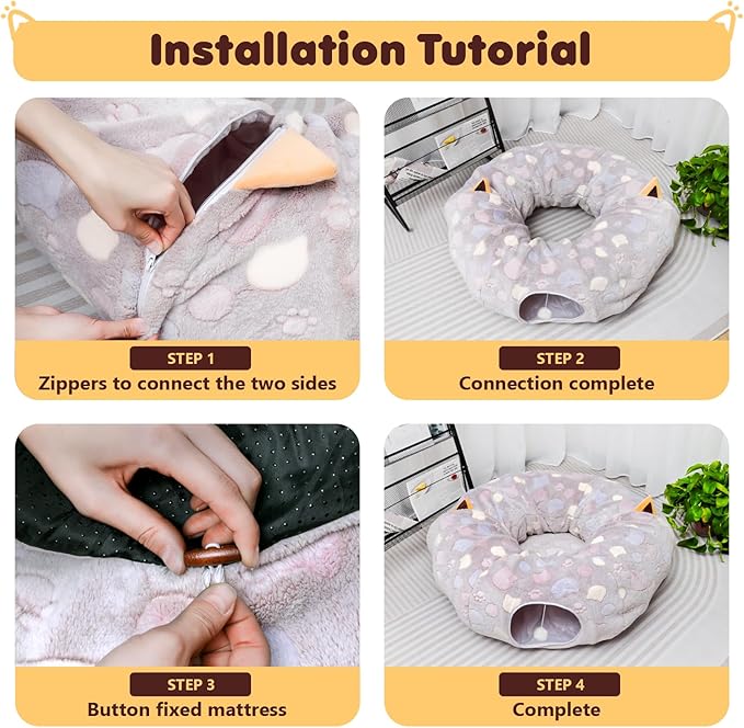 Large Cat Tunnel Bed for Indoor Cats - Soft Plush Peekaboo Cat Cave Donut Tunnel for Small Medium Large Cats, Kittens, Rabbit, Puppy