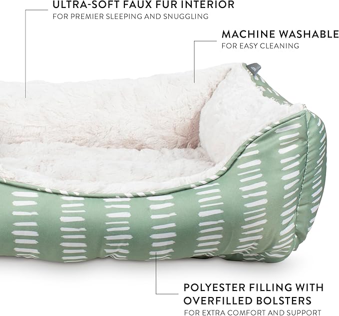 Fringe Studio "Painted Dash Cool Olive Medium Rectangular Cuddler Pet Bed 25" X 21"- Poly Filled with Faux Fur Interior - Machine Washable