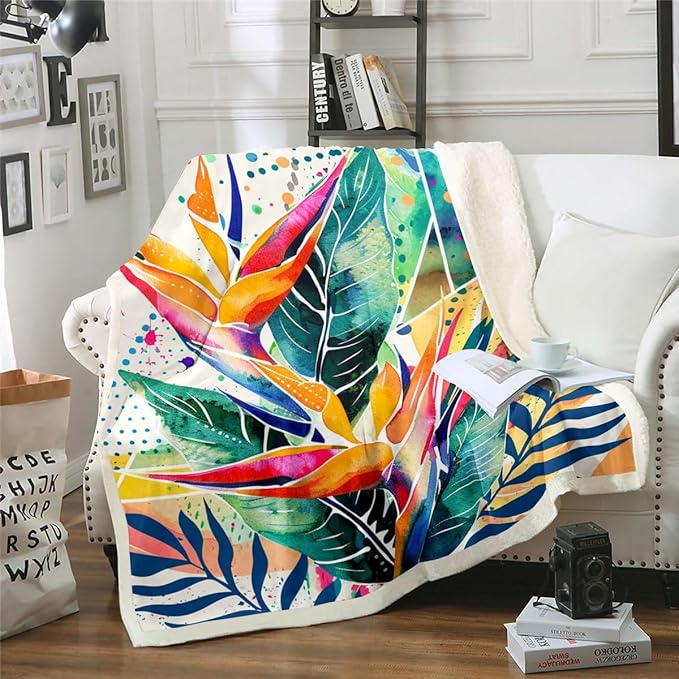 Tropical Leaves Fleece Throw Blanket Botanical Floral Printed Plush Blanket for Sofa Couch Bed Geometric Triangles Sherpa Blanket Bird Flower Leaf Fuzzy Blanket Colorful Room Decor King 87x95 Inch