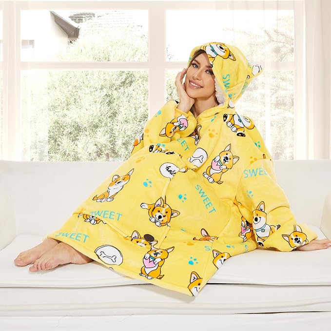 THREE POODLE Wearable Blanket Hoodie for Women, Oversized Sherpa Sweatshirt Blanket for Adults Men, Warm Cozy Corgi Hooded Blanket, Gifts for Mom Girlfriend Sister