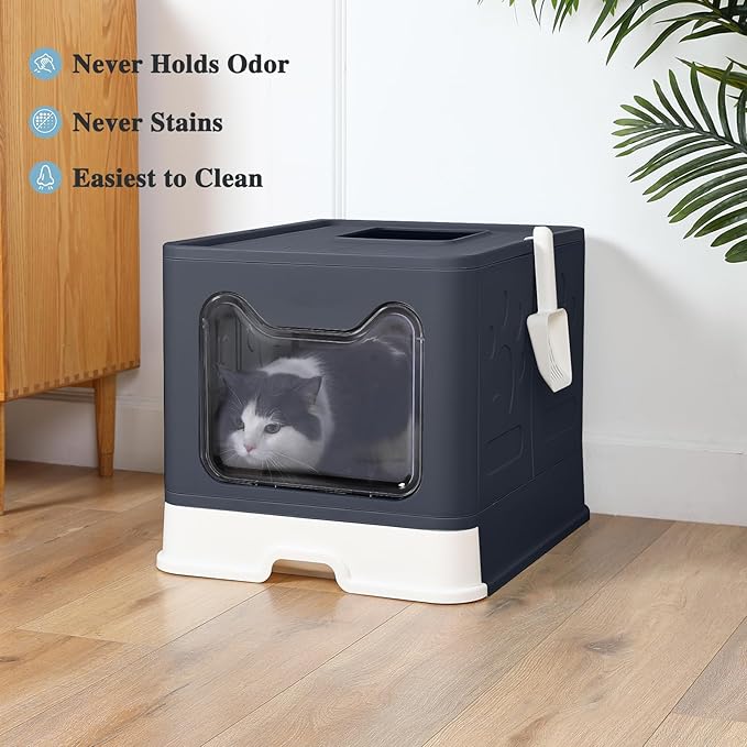 Bolux Foldable Cat Litter Box with Lid, Extra Large, Drawer Type Cat Litter Pan Easy to Scoop & Low Tracking (Dark Grey, 20" L x 16" W x 15" H)