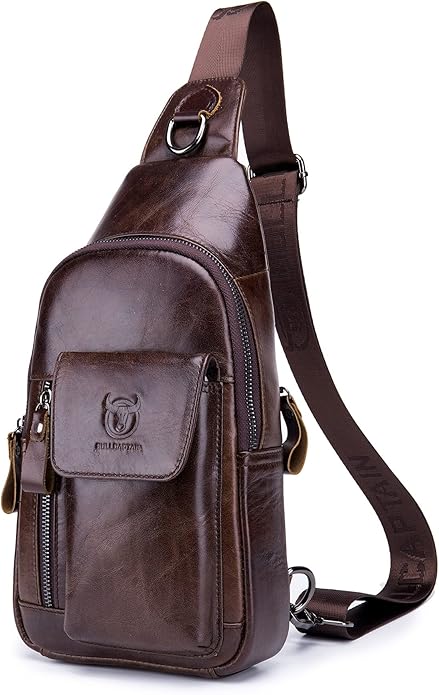 BULLCAPTAIN Mens Genuine Leather Sling Crossbody Bag Travel Casual Multi-pocket Chest Bag Hiking Backpacks