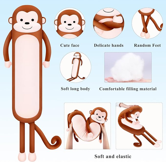 Achwishap Long Monkey Stuffed Animal Plush Toy, 40' Kawaii Large Huggable Sleeping Plush Pillow, Soft Monkey Throw Body Pillow, Cute Plushies Cushion Doll Gifts for Kids Adults