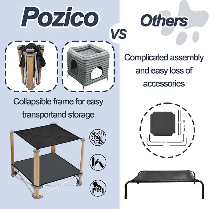 Pozico 2-Tier Collapsible Cat Beds & Furniture, 2 Layer Pine Construction Cat Hammocks, Cat Houses for Indoor Cats, Cat Bed Cave for Multiple or Large Cats up to 30 lbs, All-Season Comfort-Grey-S