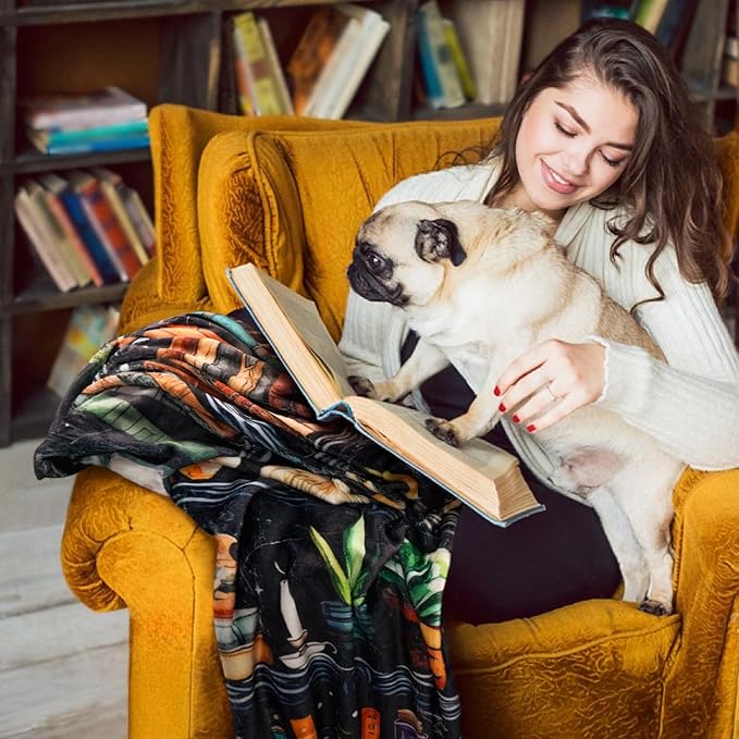 Book Lovers Gifts Witches Bookshelf Blanket,Halloween Skulls Black Cat Potions Cute Magic Goth Fleece Throw for Women Men,Flannel Blanket for Home Living Room Couch Bed Chair Dorm Decor 60"x50"