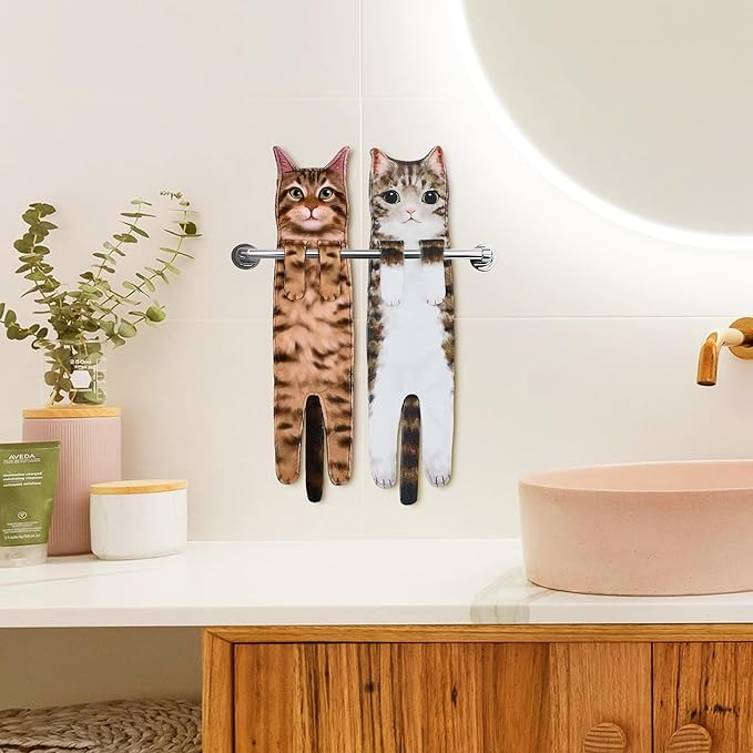 Cat Hand Towels for Kitchen Bathroom - Cute Cat Decor Gadgets - Hanging Soft Absorbent Hand Face Towel - Funny Birthday Housewarming Holiday Unique Gifts for All Women Mom Lady Cat Lovers - Tabby