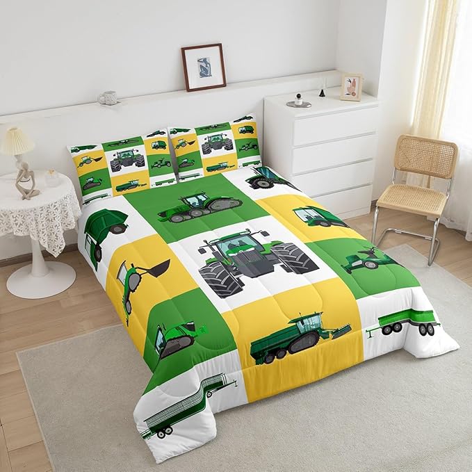 Boys Tractor Comforter Set King Kids Equipment Trucks Bedding Sets For Teens Bedroom Under Construction Quilt Set Excavator Vehicle Car Bedding Farmhouse Harvester Quilted Comforter,Green Yellow