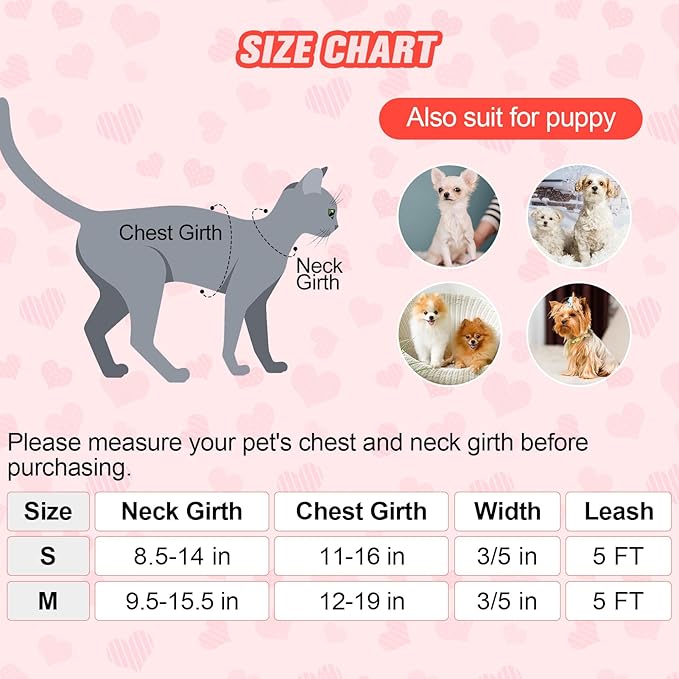 BEAUTYZOO Cat Harness and Leash Set for Walking Escape Proof, Neck Release Adjustable Harness for Kitten Puppy Small Medium Large Cats, Soft Cute Easy Control Small Cat Harness for Cats Boy and Girls