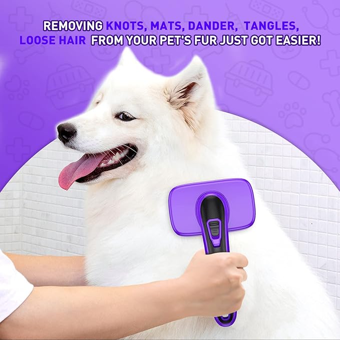 Dog Brush for Shedding, Self-Cleaning Slicker Brush, Perfect for Short & Long Haired Pets, Removes Mats, Tangles, Loose Fur, Gentle on Skin, Ideal for Small, Medium, Large Dogs. Purple