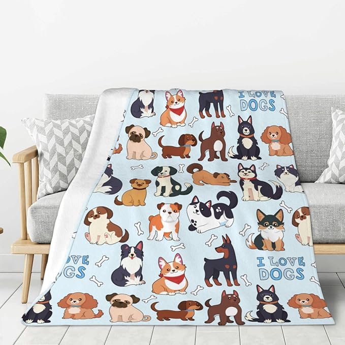 Kids Dogs Print Blanket Throw 50"x40", Plush Flannel Blankets with Dogs On It, Soft Warm Decorative for Kids Women Dog Lovers