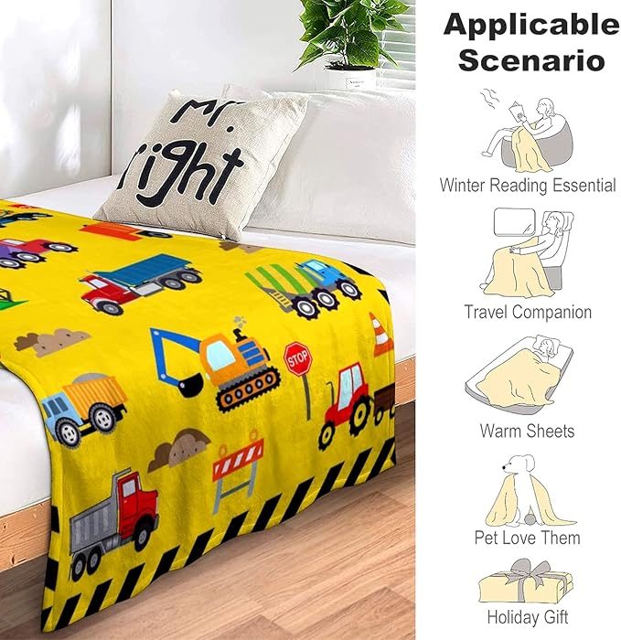 Cute Truck Construction Blanket Super Soft Flannel Throw Blankets Tractor Cars Blankets Bedding for Boys Girls Adults Gifts 80"x60"