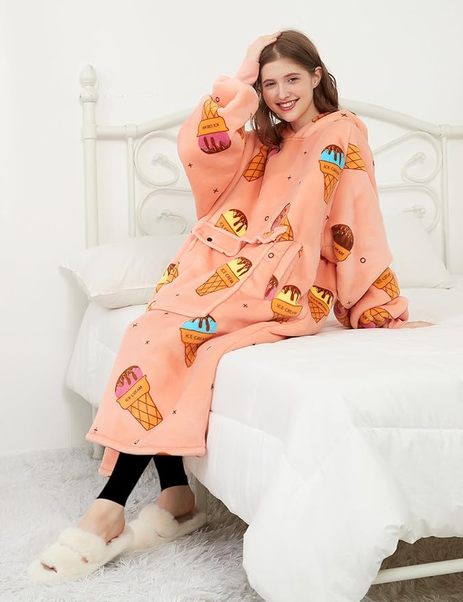 KFUBUO Wearable Blanket Hoodie for Adult Long Sherpa All Patterns ice Cream Oversized Hoodie Sweatshirt Blanket Cute Birthday Gifts for Women