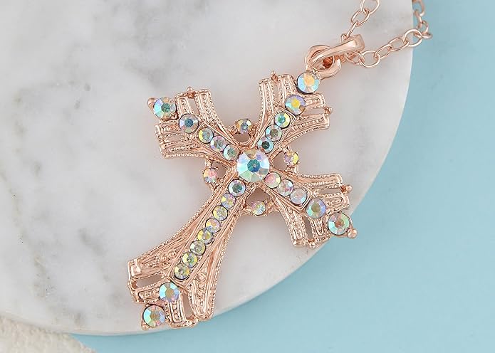 Alilang Silvery Tone Religious Cross Pendant Necklace w/Aquamarine Blue Or Clear Crystal Rhinestones