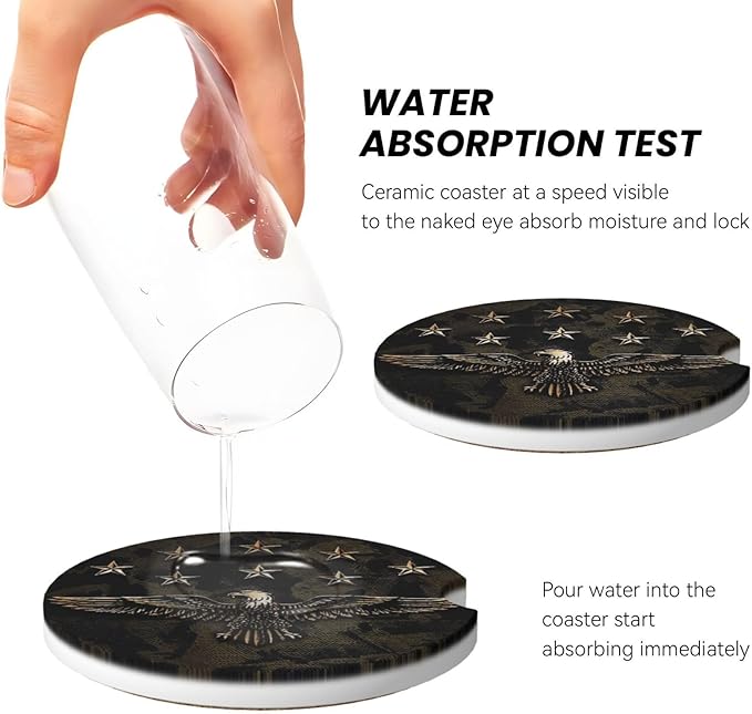 Absorbent Ceramic Car Coasters for Cup Holders, Camo Bald Eagle Design 2.56" Anti Slip Universal Drink Cup Coasters for Women Men (2 Pack)