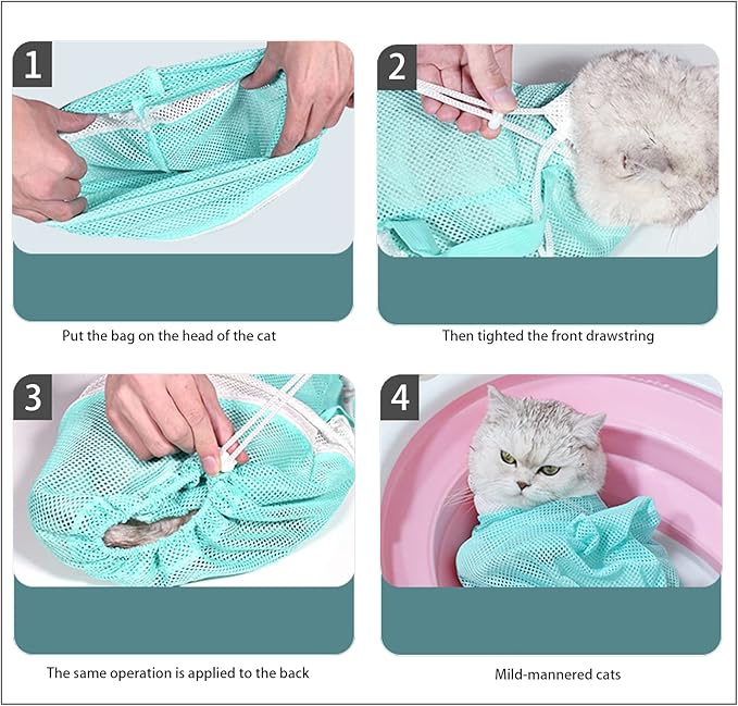 Adjustable Multifunctional Anti-Bite Cat Shower Bag，Cat Grooming Mesh Bag, Cat Bathing Bag One Each in Grey and Green and Set of Care Tools (C)