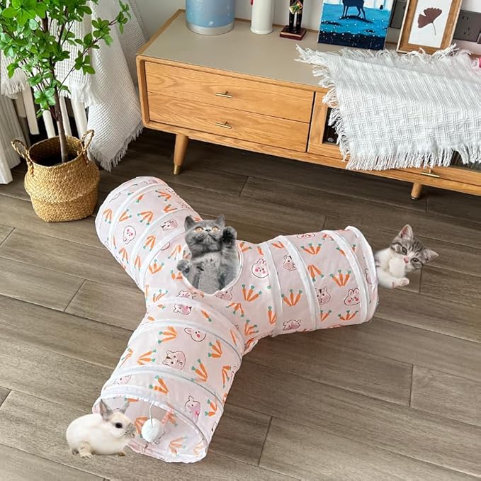 Cat Tunnel Tube Toys, Rabbit Pattern Tunnels for Indoor Cats, 3 Way Collapsible Interactive Toy Maze House with Peek Hole Dangling Ball for Rabbit, Kitten, Kitty, Puppy