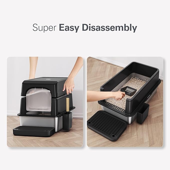 Barhon Stainless Steel Litter Box with Lid, Covered Cat Litter Box for Big Cat, Extra Large Enclosed Metal Litter Box with High Sides, Removable Lid, Non-Sticky, Easy to Clean (Black)