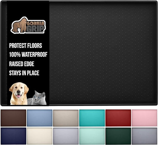 GORILLA GRIP 100% Waterproof Raised Edge BPA Free Silicone Pet Feeding Mat, Dog Cat Food Mats Contain Spills Protects Floors, Placemats for Cats and Dogs Water Bowl, Pets Accessories 23x15 Black