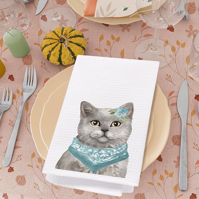 Grey Cat Kitchen Towels, Teal Bandana Grey Cat Dish Towels for Kitchen, Cat Hand Towels for Bathroom Kitchen, Grey Cat Gifts, Cat Gifts for Cat Lovers Women, Cat Kitchen Bathroom Decor, 16x24 Inches
