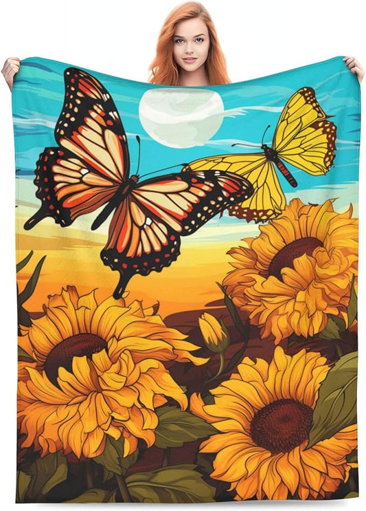 Butterfly Sunflower Blanket Gifts for Grils Women Sunshine Floral Flannel Throw Blankets for Home Couch Bed Sofa Soft Fuzzy Lightweight Decor All Season 60x50 Inches
