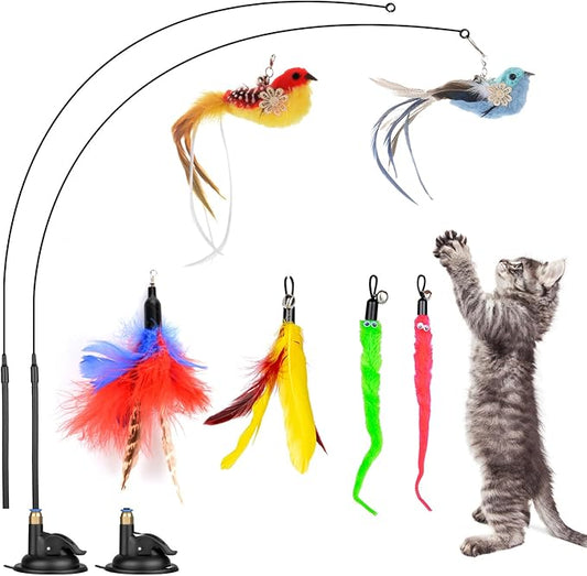 Cat Feather Toys, 10PCS Cat Toys with Super Suction Cup, Detachable 2PCS Cat Wand Toys & 6PCS Replacement Teaser Refills with Bell, Interactive Cat Toy for Indoor Cats Kitten Play Exercise