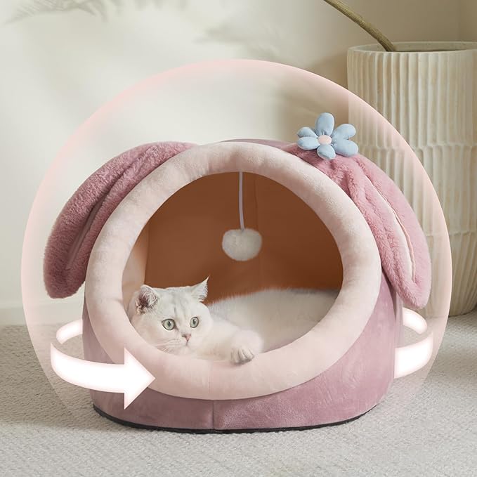 Jiupety Cat Bed Cave, Pink Cat Bed for Indoor Cats，Soft Cozy Cat Bed Cave Fit for Many Cats and Puppy, Pink Rabbit, L.