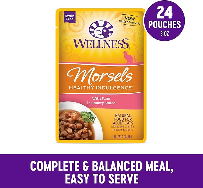 Wellness Healthy Indulgence Morsels Grain-Free Wet Cat Food, Made with Natural Ingredients and Proteins, Complete and Balanced Meal, 3 oz Pouches (Tuna in Savory Sauce, 24 Pack)