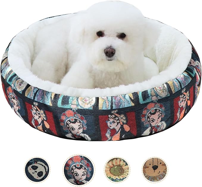 Circular Calming Dog & Cat Bed Anti-Anxiety Plush Dog Bed Washable Pet Bed with Anti Slip Backing Donut Cuddler with Cute Jacquard Patterns for Cat and Small Puppy 30" (Small, Beijing Opera)