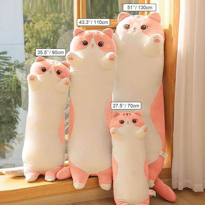 Cat Stuffed Animal Kids Body Pillow for Girls – Soft Cute Plushies Long Cat Hugging Body Pillow with Removable Zipper Cover, Pink Cat Plush Pillow for Cuddling, Sofa or Bed Décor