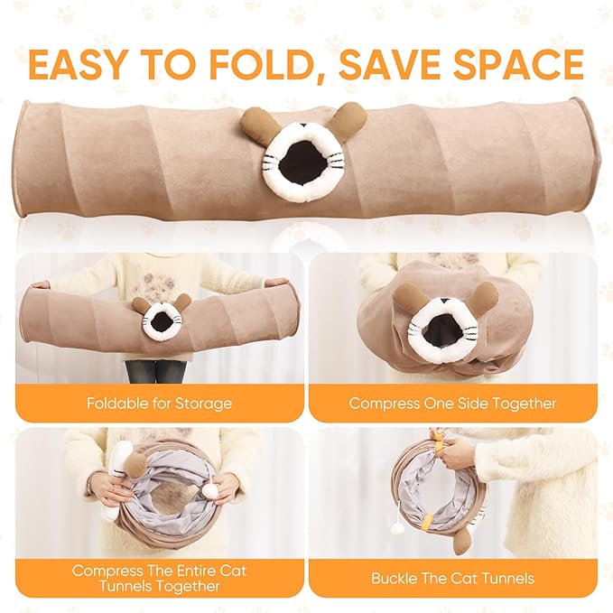 Collapsible Cat Tunnel 37.8in Straight Tube for Indoor Cats & Kittens Large Foldable Play Cave Toy with Hanging Ball & Peek Hole,Ideal for Rabbits, Ferrets, Puppies & Small Pets