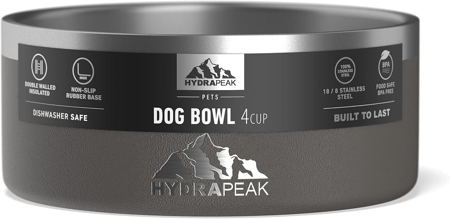 Hydrapeak Dog Bowl; Non Slip Stainless Steel; Water and Food Dish; Large Sized and Small Dogs; 32oz 64oz; Multiple Sizes; 4 Cup | Graphite