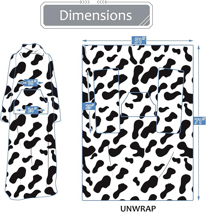 Solaris Travel Wearable Blanket with Sleeves, 2 in 1 Packable Airplane Pillow Blanket for Adult Women Men, Soft Cozy Warm Snuggy Body Blanket for Outdoor Indoor Home Lounge, Cow Print