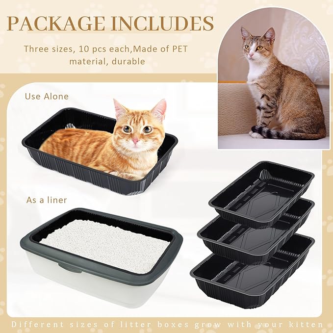 30 Pcs Disposable Litter Boxes for Growing Cat 3 Sizes Cat Litter Trays Plastic Kitten Litter Pan for Kitty Kittens Guinea Pig Pets Travel Home Toilet, Black